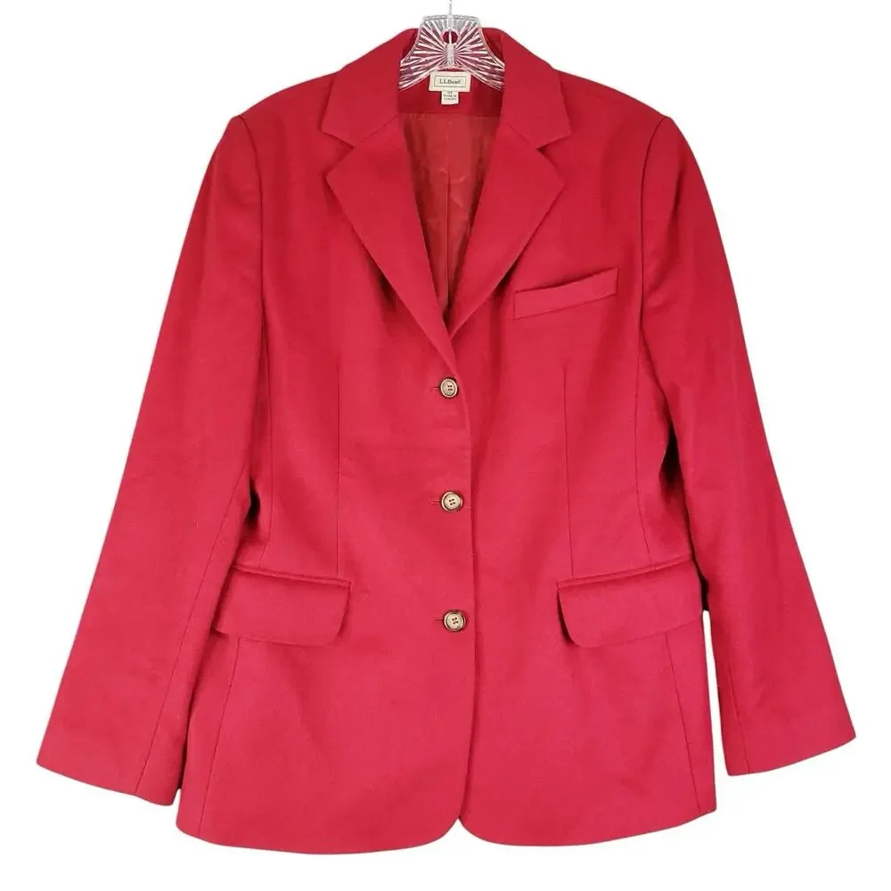 LL Bean Blazer Jacket Red Womens Size 12 R Wool Cashmere Pocket Quiet Luxury - Picture 2 of 9